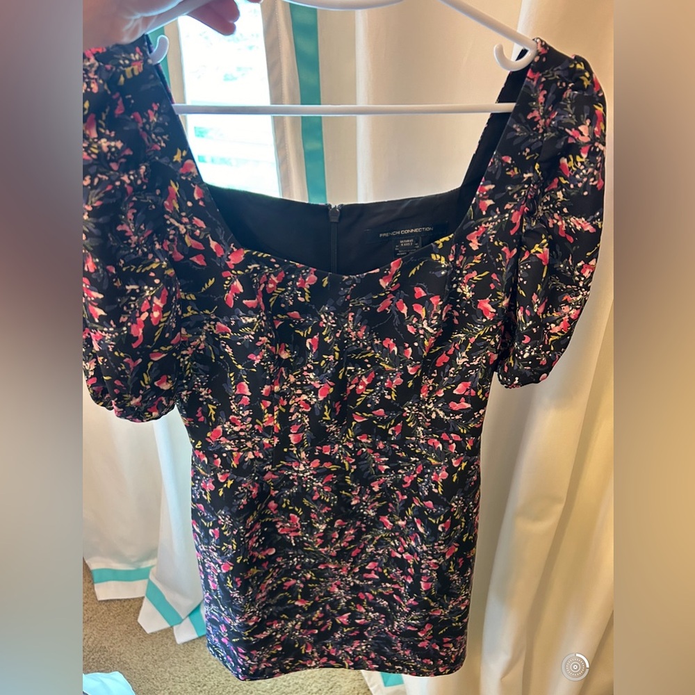 French Connection Black Floral Dress with Puff Sleeves